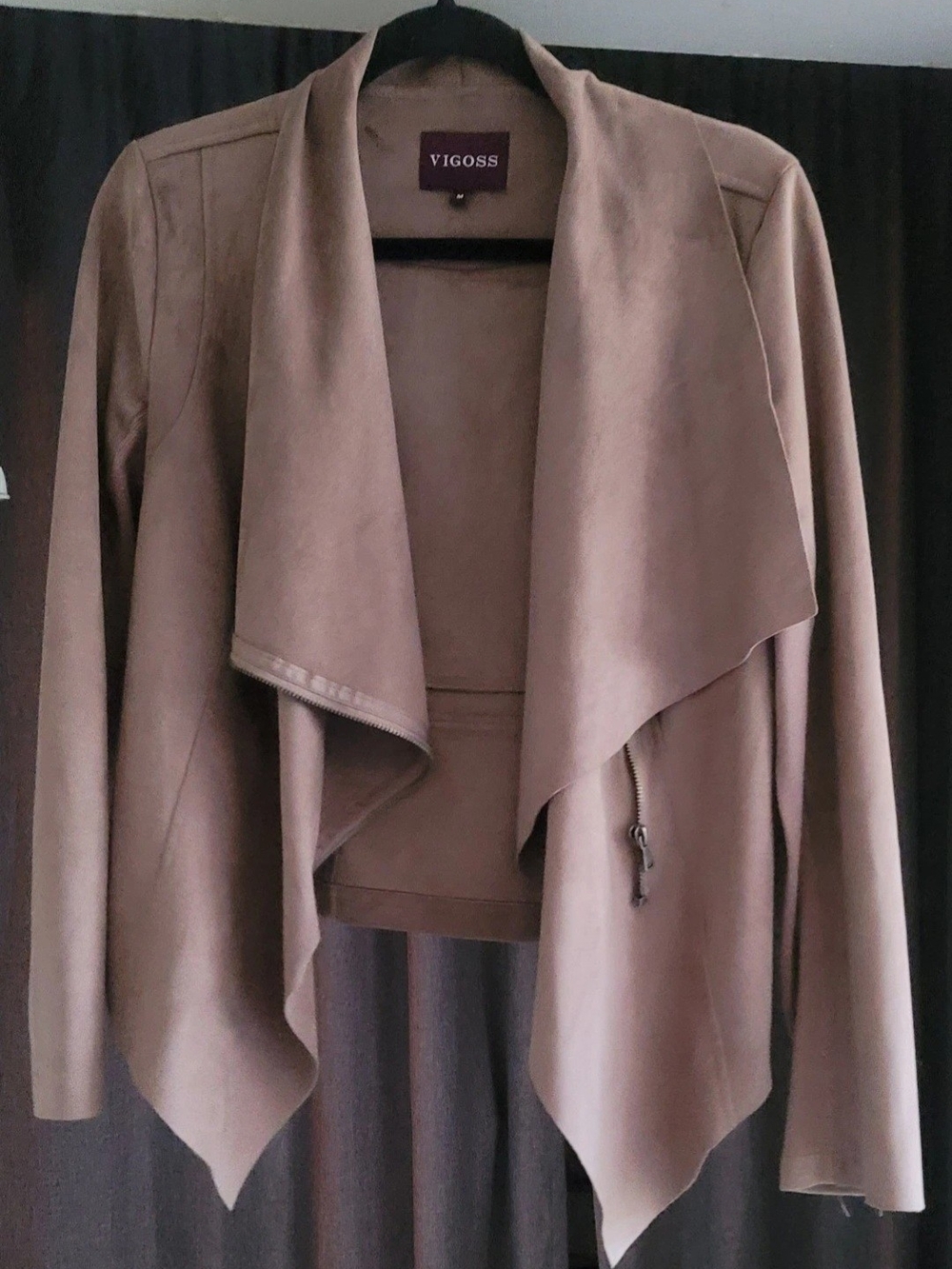Vigoss Taupe Open-Front Draped Blazer with Zip Accent Size Medium